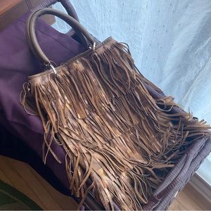 Posse leather brown and bronze fringe bag/shopper with red lining